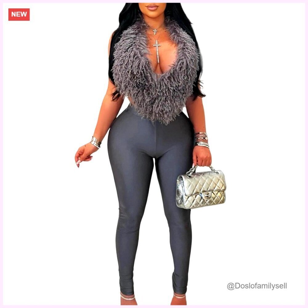 Sexy Backless Fur Halter Crop Top Satin Pants 2 Piece Club Outfit Set